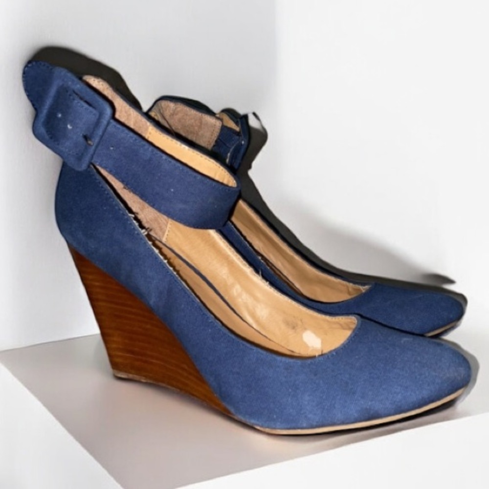 * max no6 Size 10 Women's Blue 4” Wedge denim blue fabric upper ankle strap